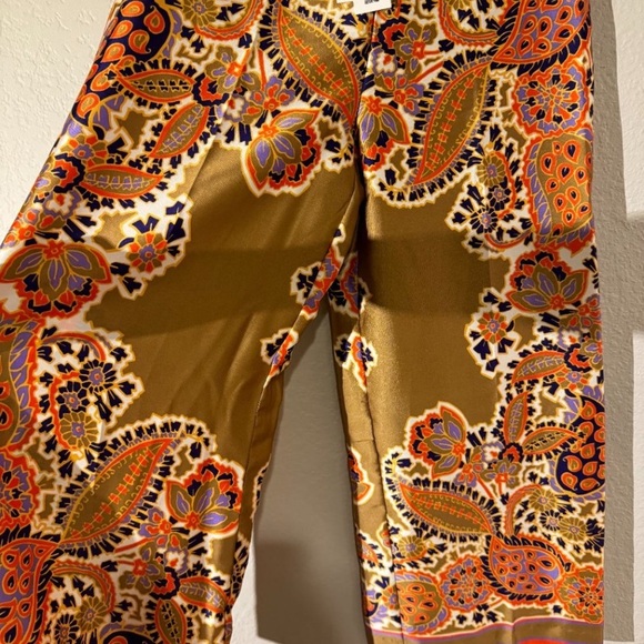 NWT Zara Satin Paisley Silky Cropped Wide Leg Palazzo Pants Gold Red Resort M - Picture 5 of 10